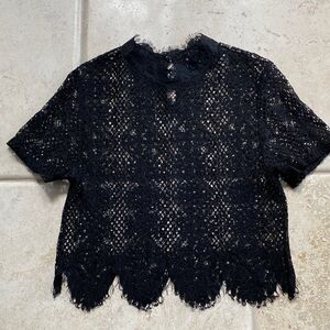 Zara Black Lace Short Sleeve Top Stand Up Collar Size Medium